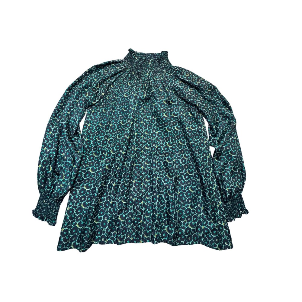 Rungolee Womens Silk Floral Smocked High Neck Blouse Navy Green Size M Luxury